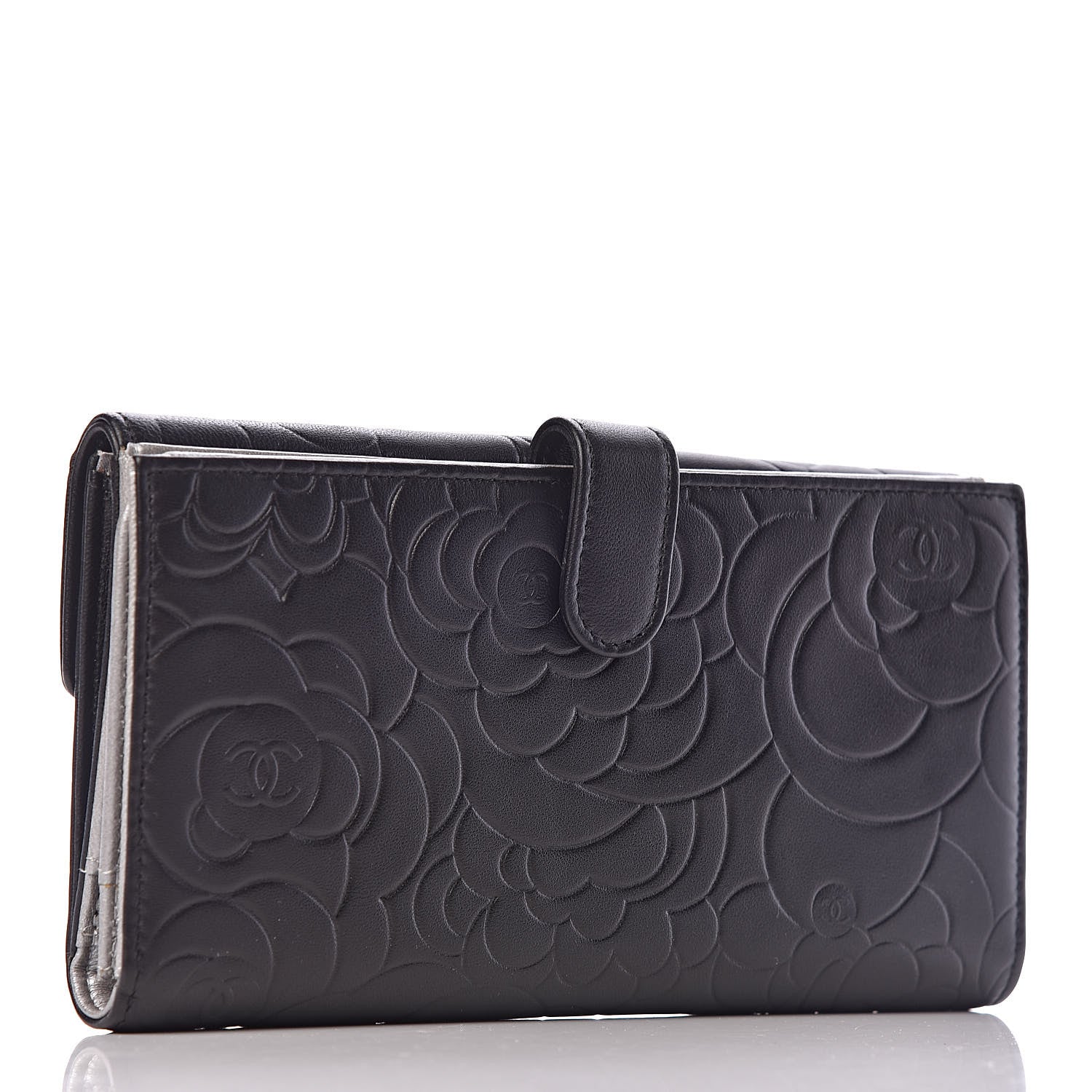 Chanel Lambskin Camellia Embossed Long Double Wallet Black 3 of 9