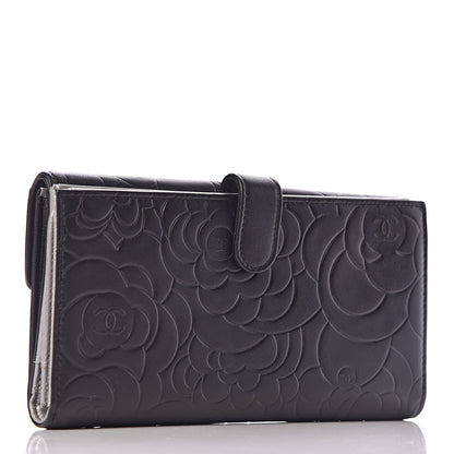 Chanel Lambskin Camellia Embossed Long Double Wallet Black 3 of 9