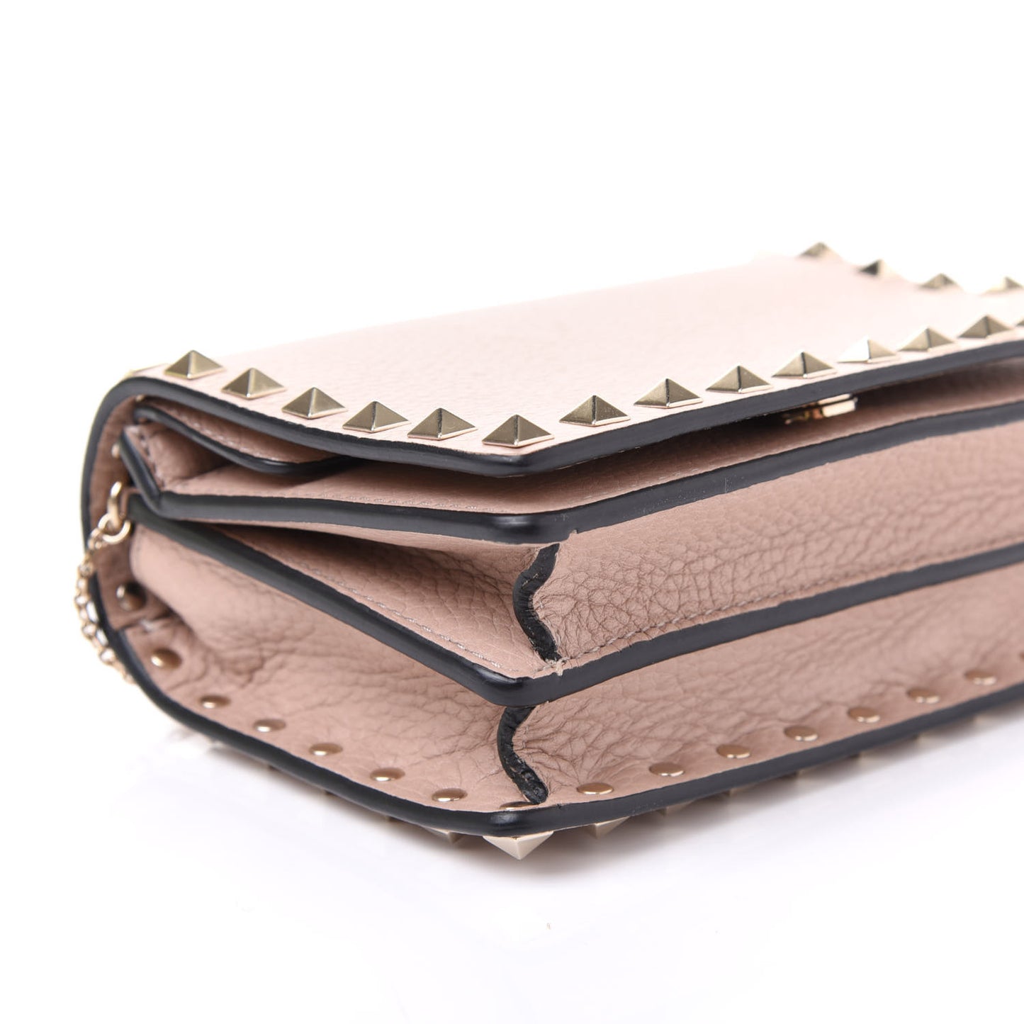 Pebbled Calfskin Rockstud Wallet on Chain Poudre