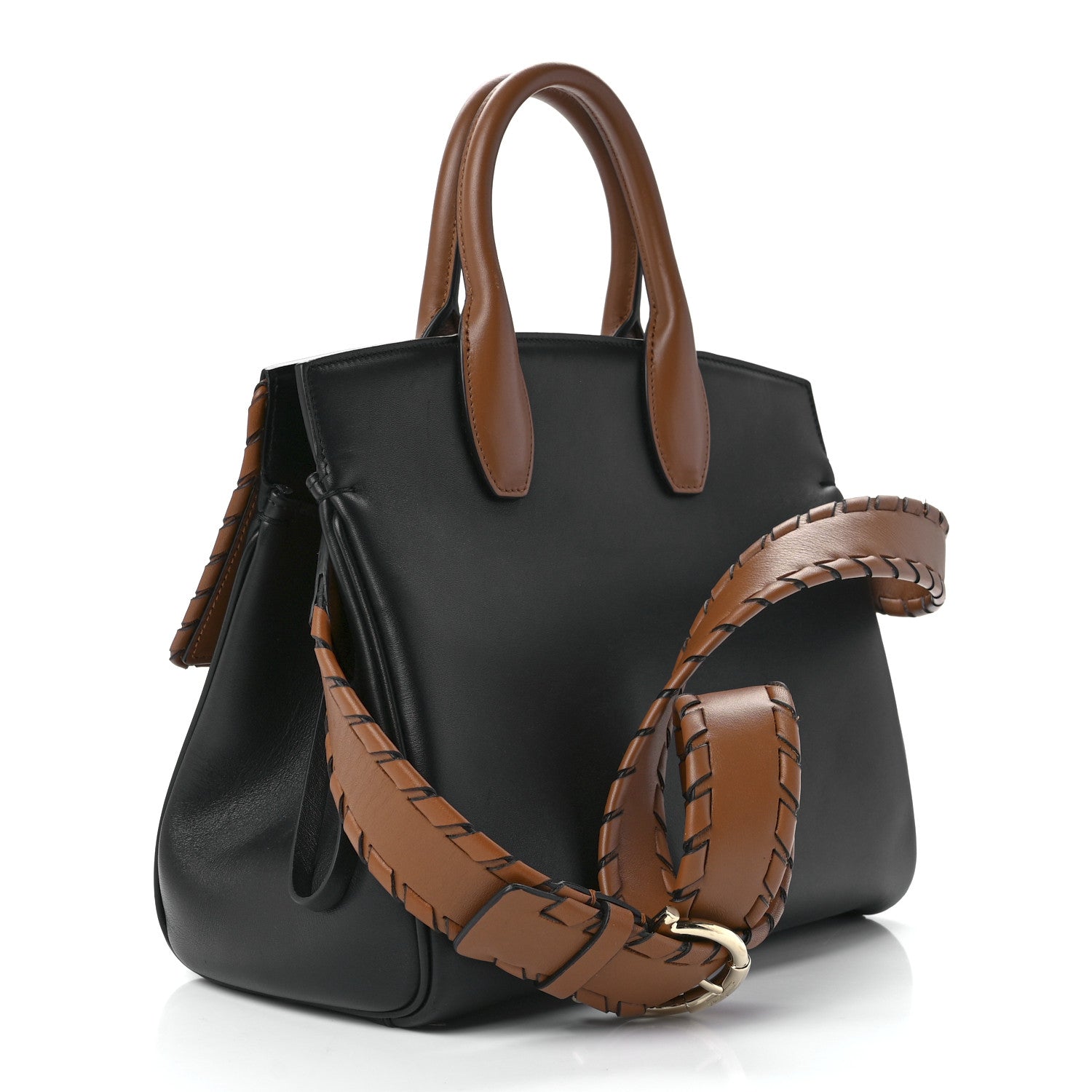 Salvatore Ferragamo Calfskin Woven Small Studio Top Handle Bag Tan Black 3 of 13