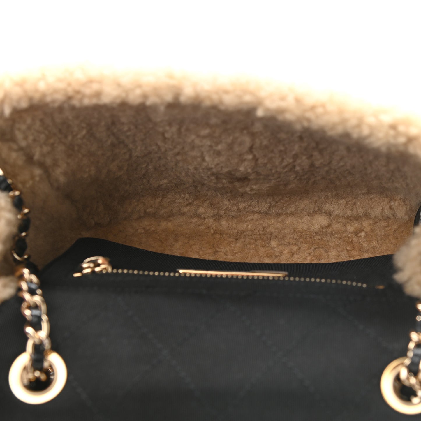 Shiny Crumpled Sheepskin Shearling CC Mania Flap Bag Black Beige