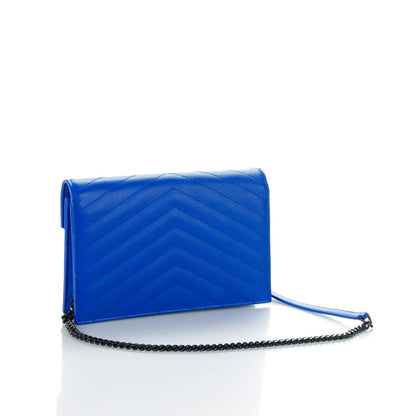 Saint Laurent Grain De Poudre Matelasse Chevron Monogram Envelope Chain Wallet Blue Majorelle 3 of 7