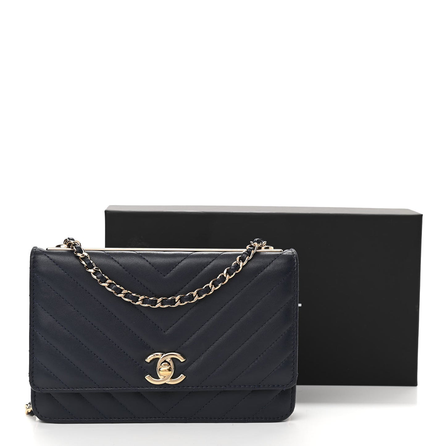 Lambskin Chevron Quilted Trendy CC Wallet On Chain WOC Dark Blue