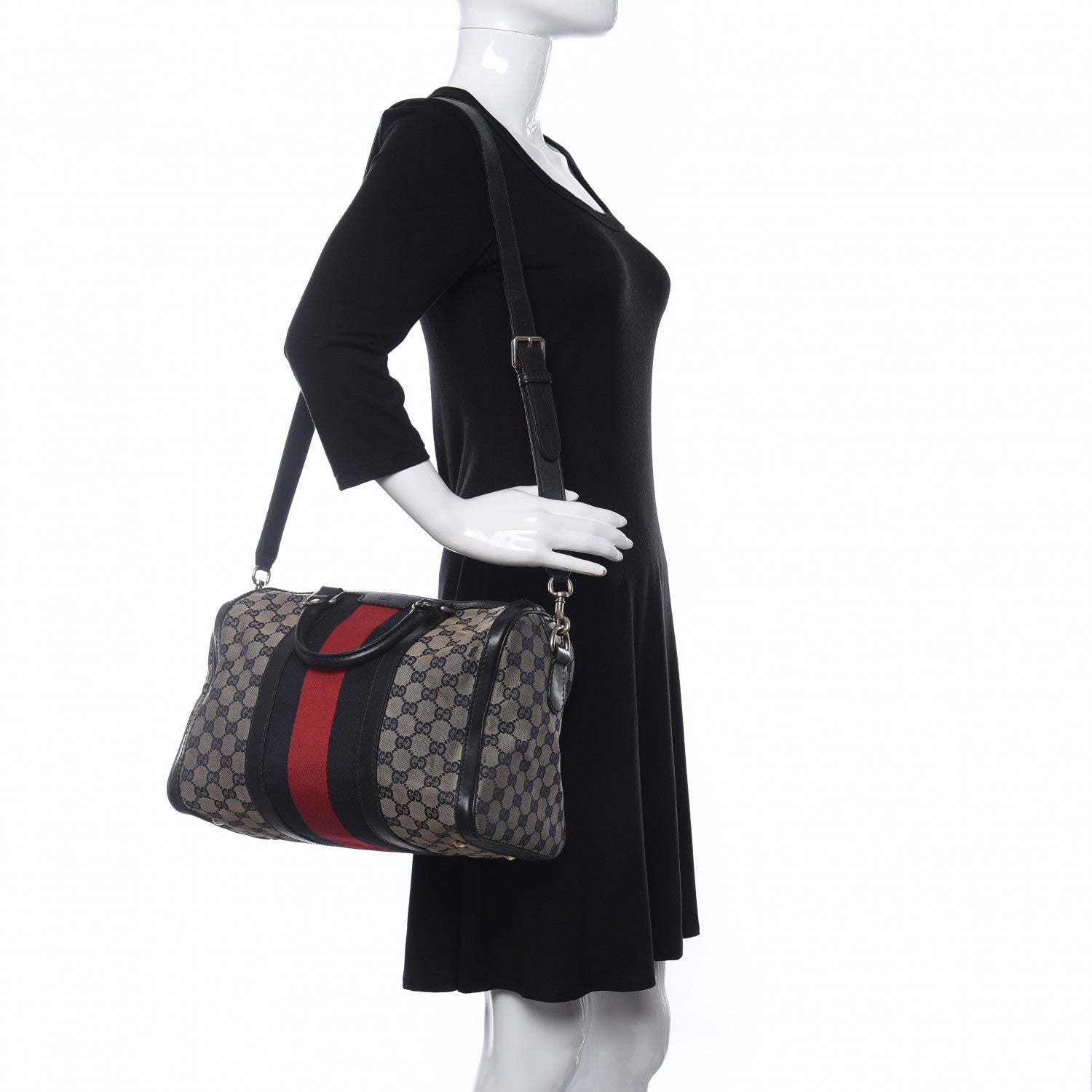 Gucci Monogram Selleria Calfskin Vintage Web Medium Boston Beige Blue 2 of 9