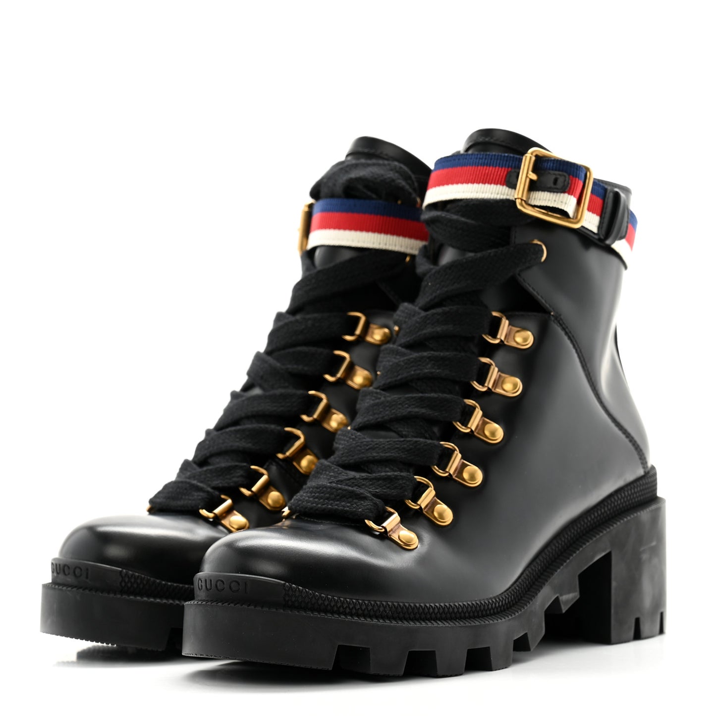 Calfskin Sylvie Web Lace Up Combat Boots 35.5 Black