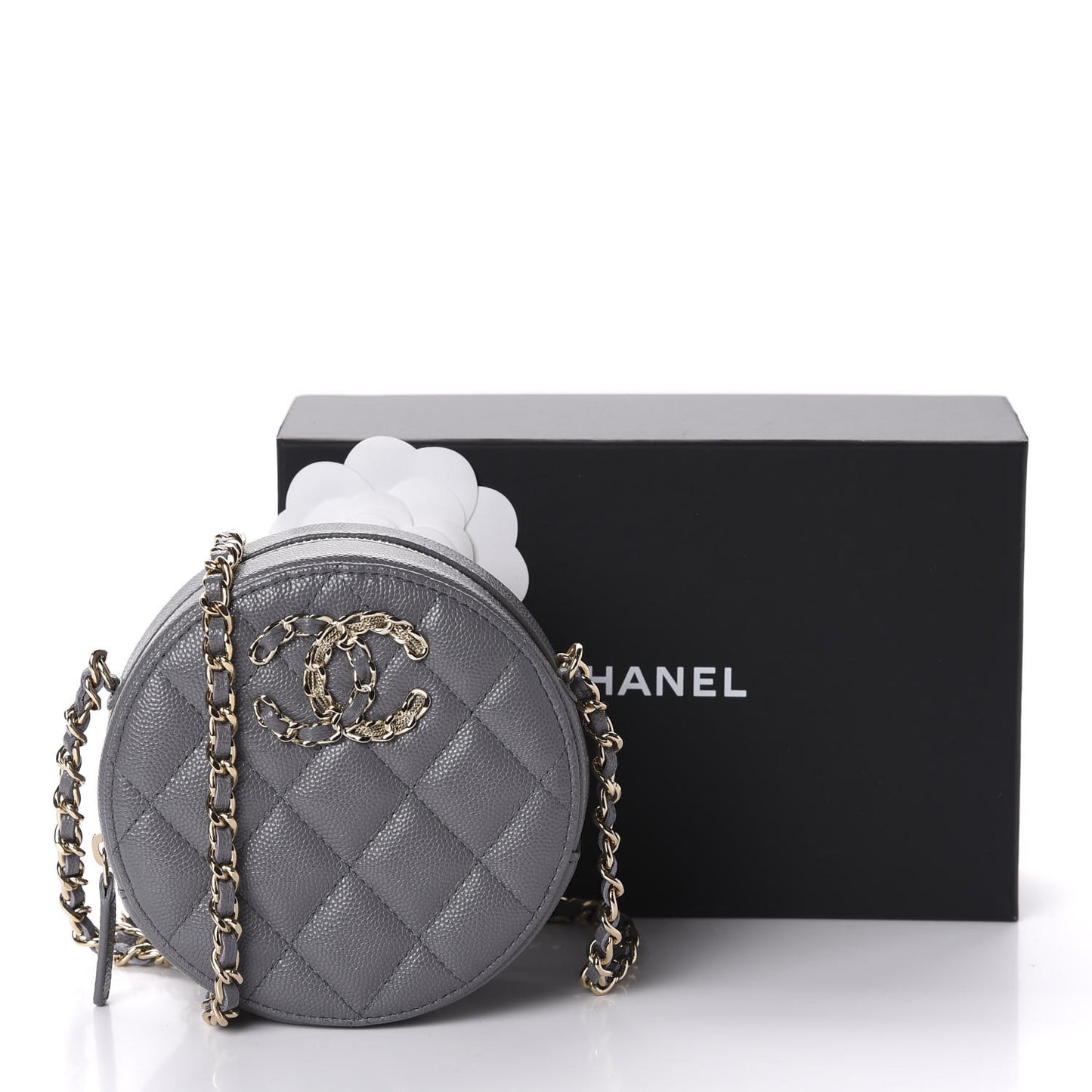 Caviar Quilted French New Wave Round Clutch With Chain Grey