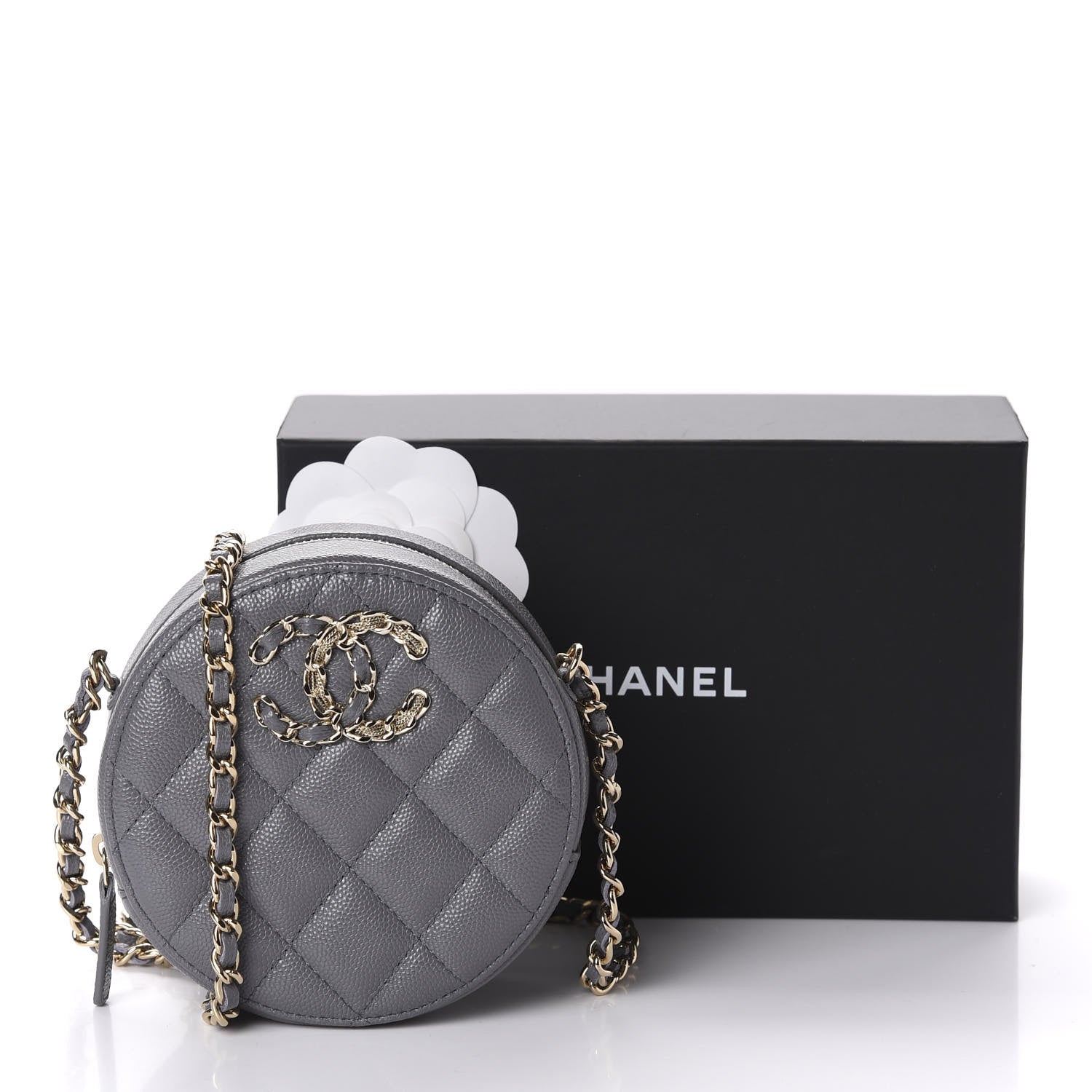 Chanel Caviar Quilted French New Wave Round Clutch With Chain Grey 10 of 10