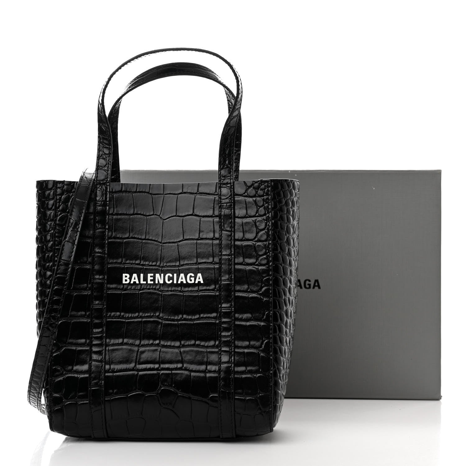 Balenciaga Shiny Calfskin Logo Crocodile Embossed XXS Everyday Tote Black 14 of 14