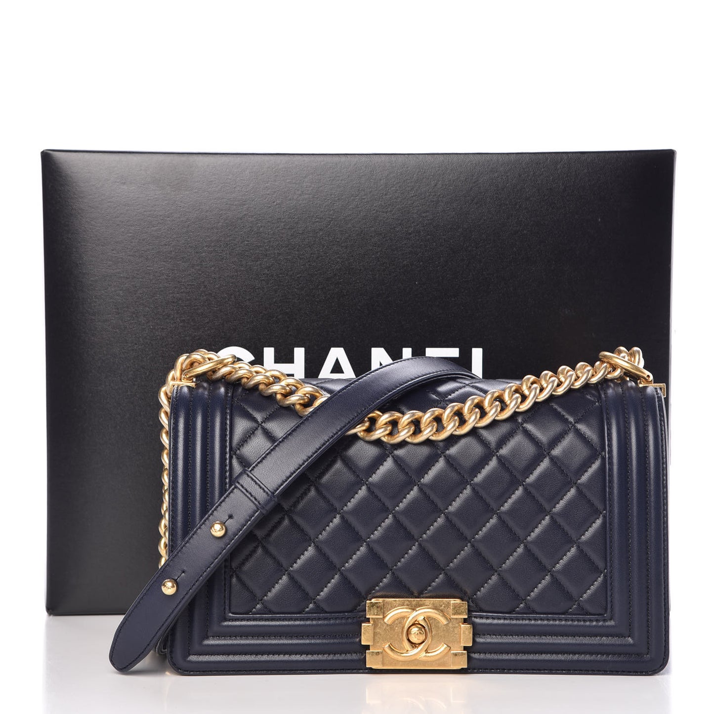 Lambskin Quilted Medium Boy Flap Dark Navy