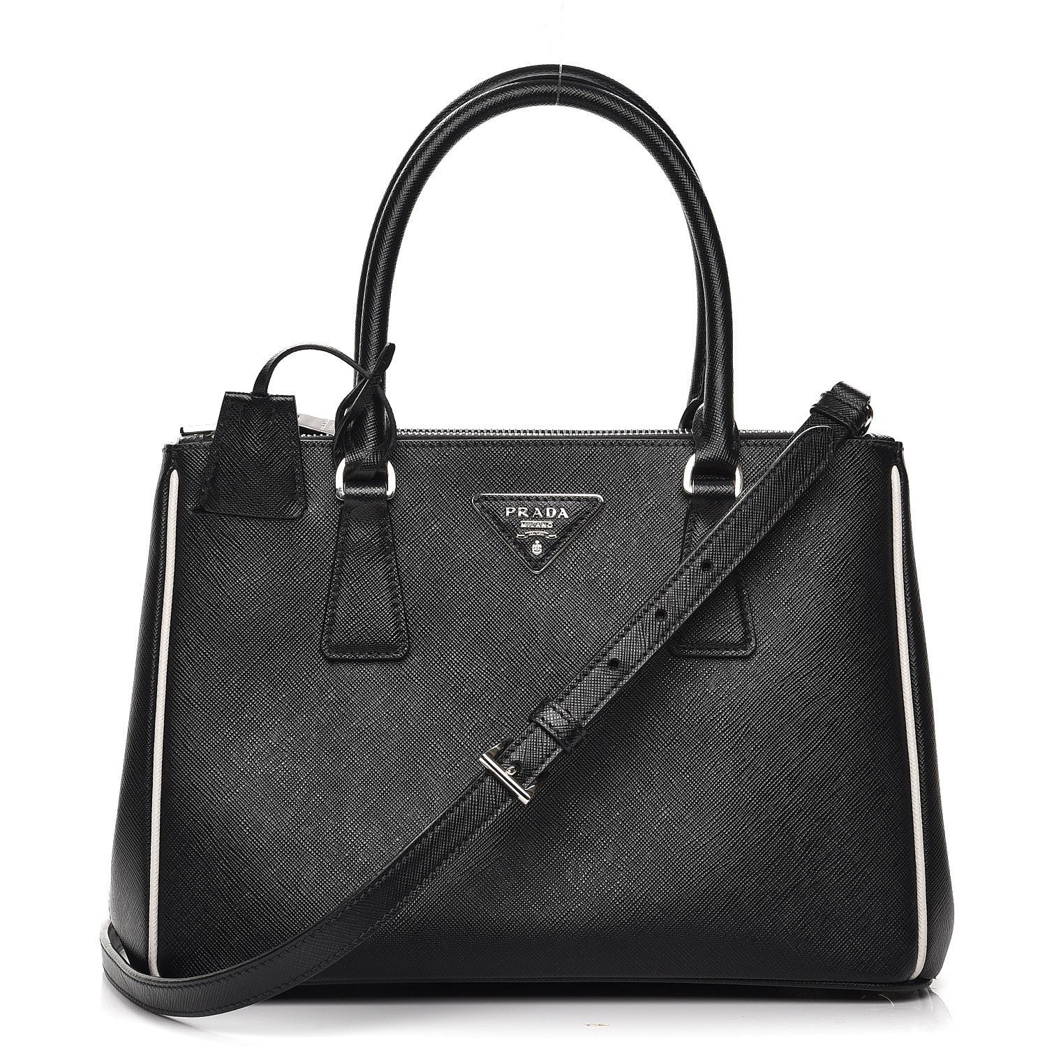 Prada Saffiano Small Galleria Double Zip Tote Black Talco 1 of 12