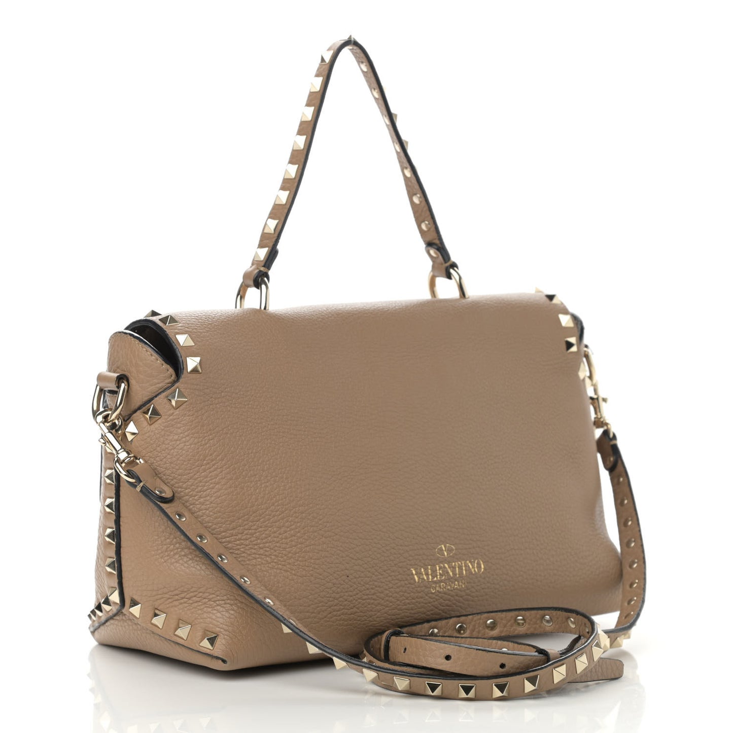 Pebbled Calfskin Rockstud Single Handle Flap Bag Beige