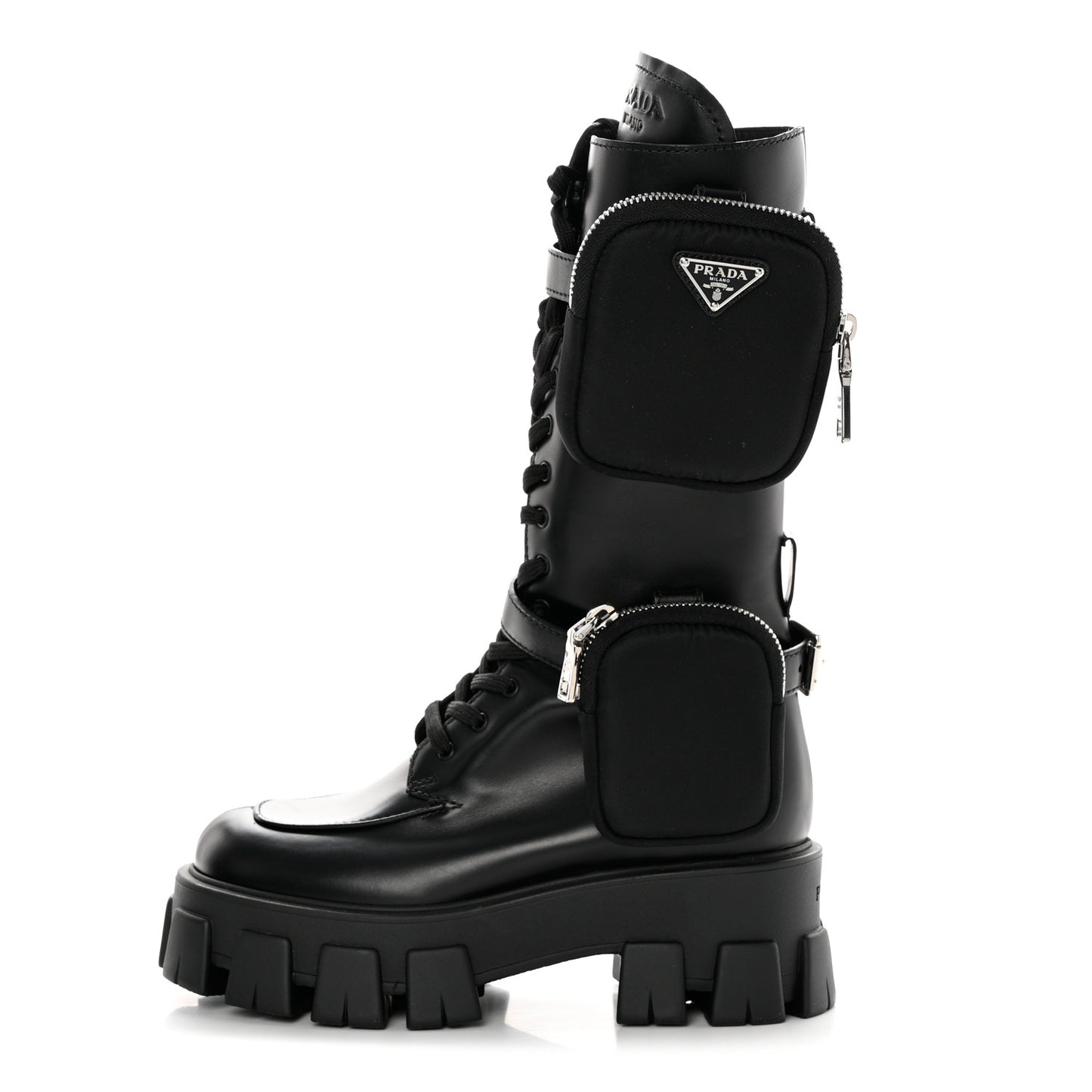 Vitello Lux Nylon Metal Triangle Logo Monolith Pouch Pocket 55mm Tall Combat Boots 36 Black