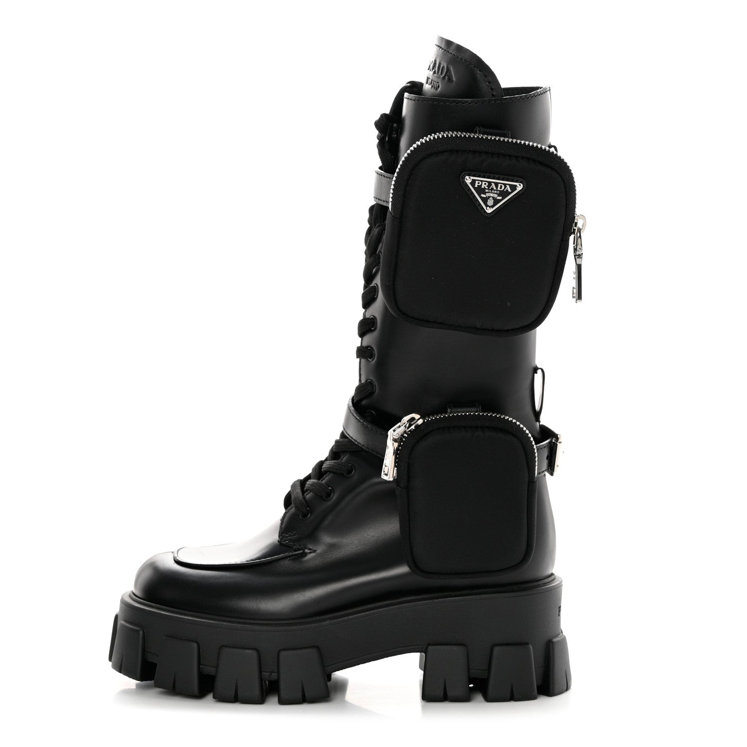 Prada Vitello Lux Nylon Metal Triangle Logo Monolith Pouch Pocket 55mm Tall Combat Boots 36 Black 1 of 13