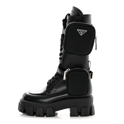 Prada Vitello Lux Nylon Metal Triangle Logo Monolith Pouch Pocket 55mm Tall Combat Boots 36 Black 1 of 13