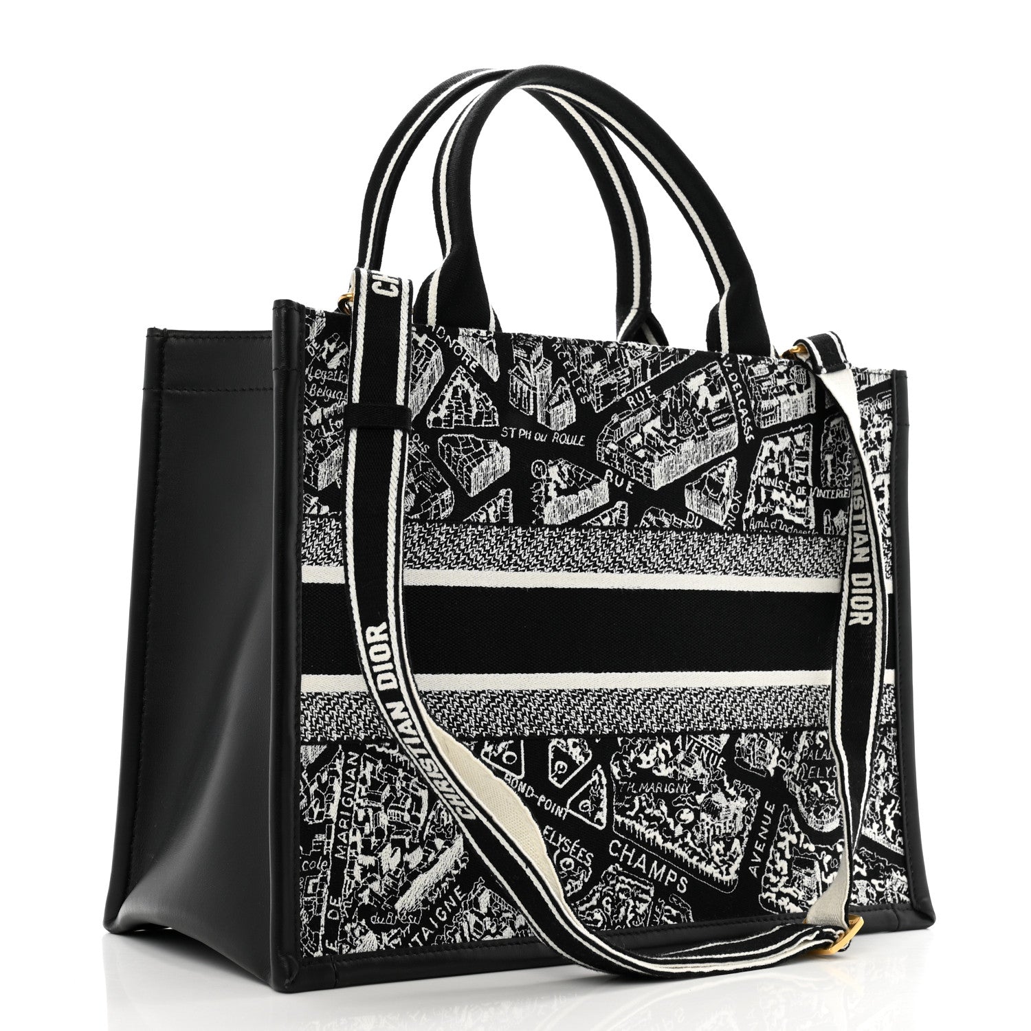 Christian Dior Calfskin Canvas Medium Plan De Paris Book Tote With Strap Black White 3 of 15