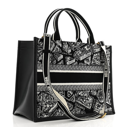 Christian Dior Calfskin Canvas Medium Plan De Paris Book Tote With Strap Black White 3 of 15