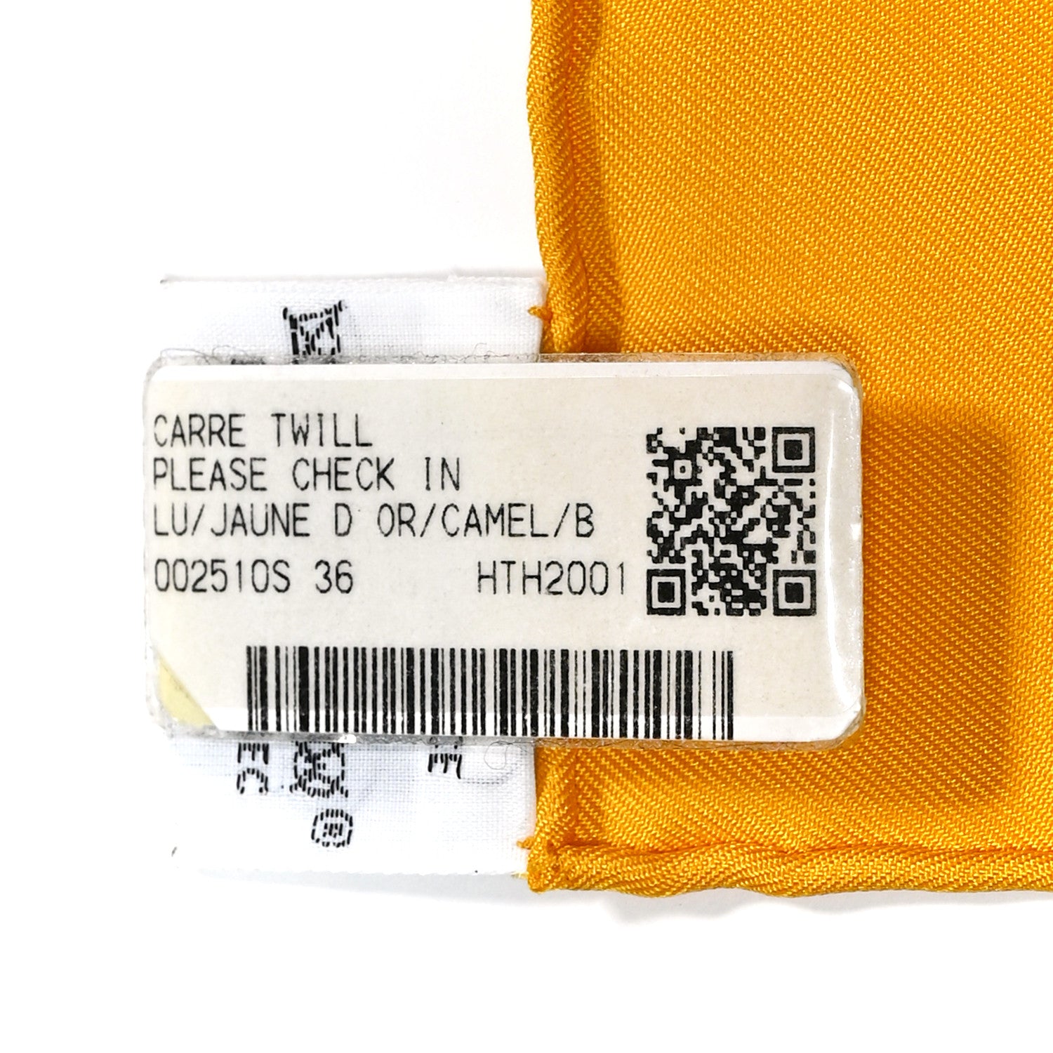 Hermes Silk Please Check In Scarf 90 Jaune D'Or Camel 3 of 5
