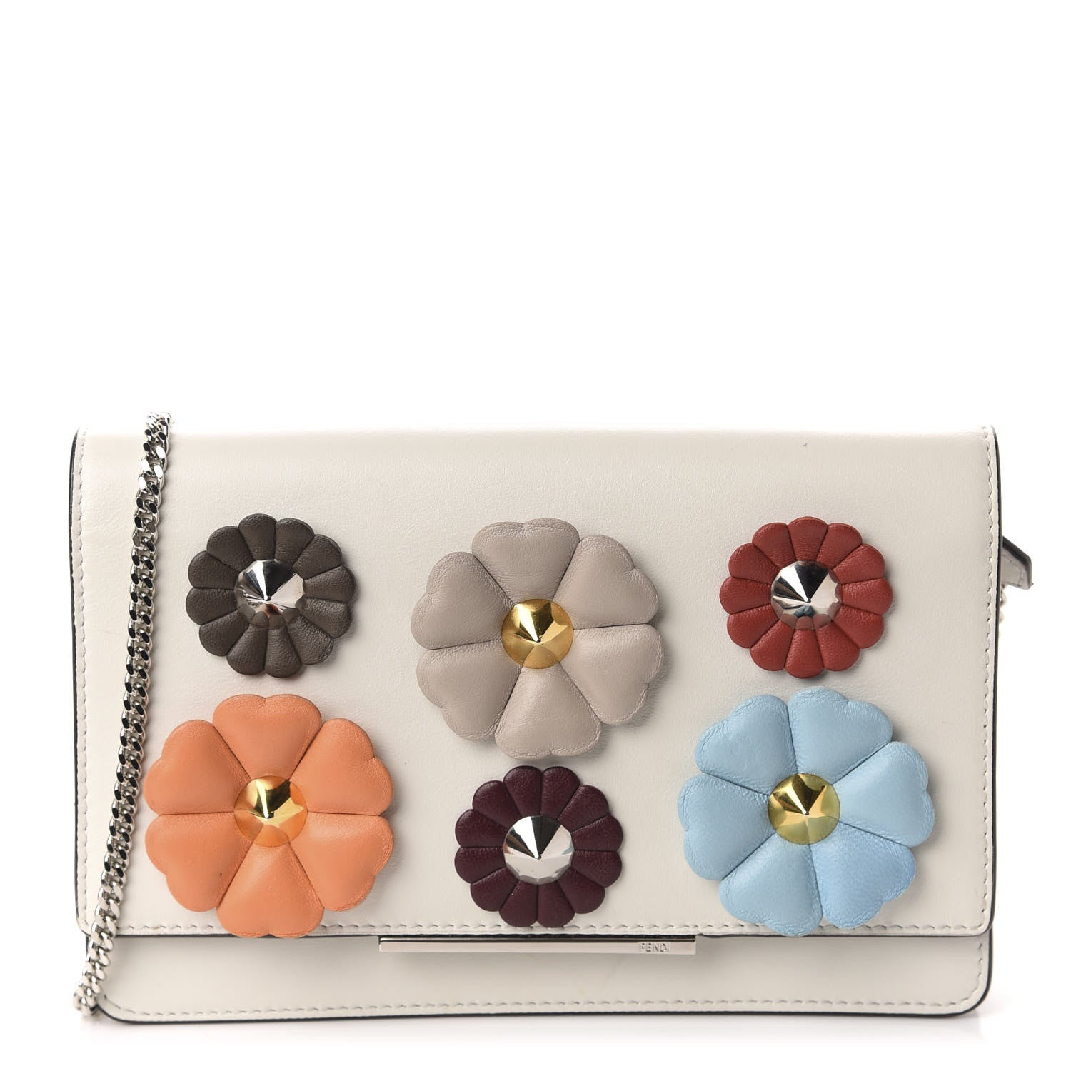 Fendi Vitello Century Lucido Nappa Flowerland Studded Tube Wallet On Chain White Ice Multicolor 1 of 11
