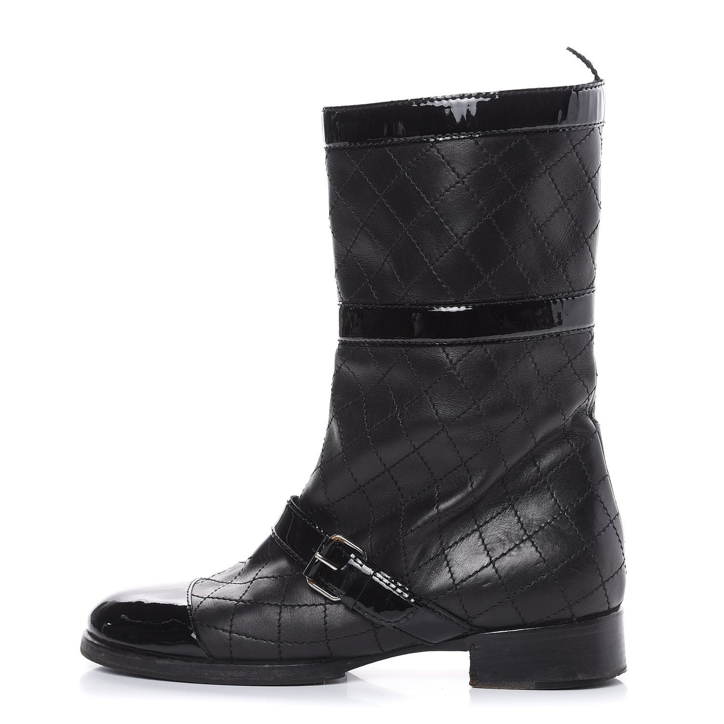 Calfskin Patent Quilted Cap Toe Boots 39 Black