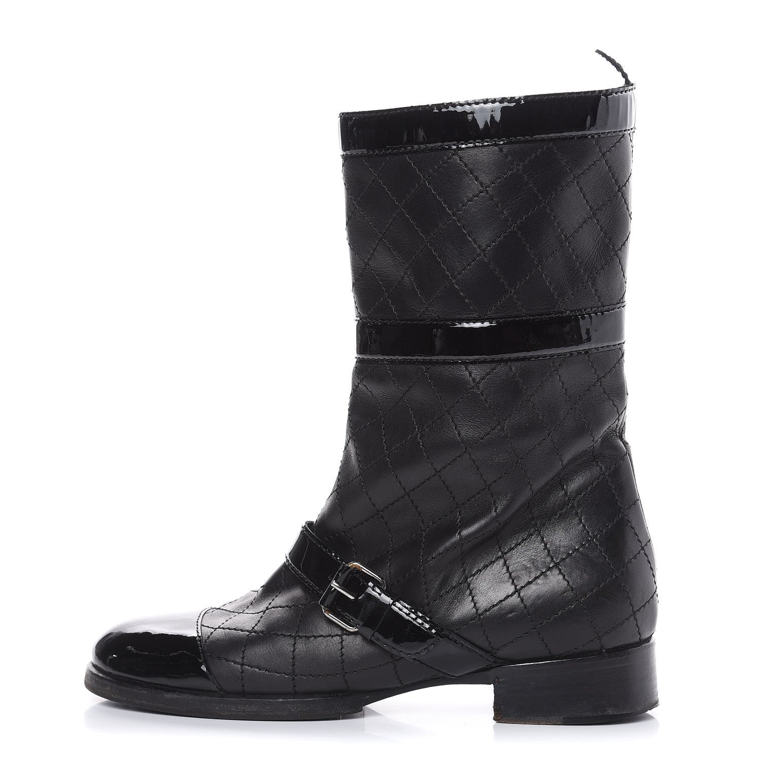 Chanel Calfskin Patent Quilted Cap Toe Boots 39 Black 1 of 9