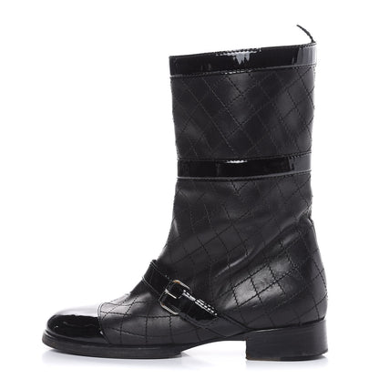 Chanel Calfskin Patent Quilted Cap Toe Boots 39 Black 1 of 9