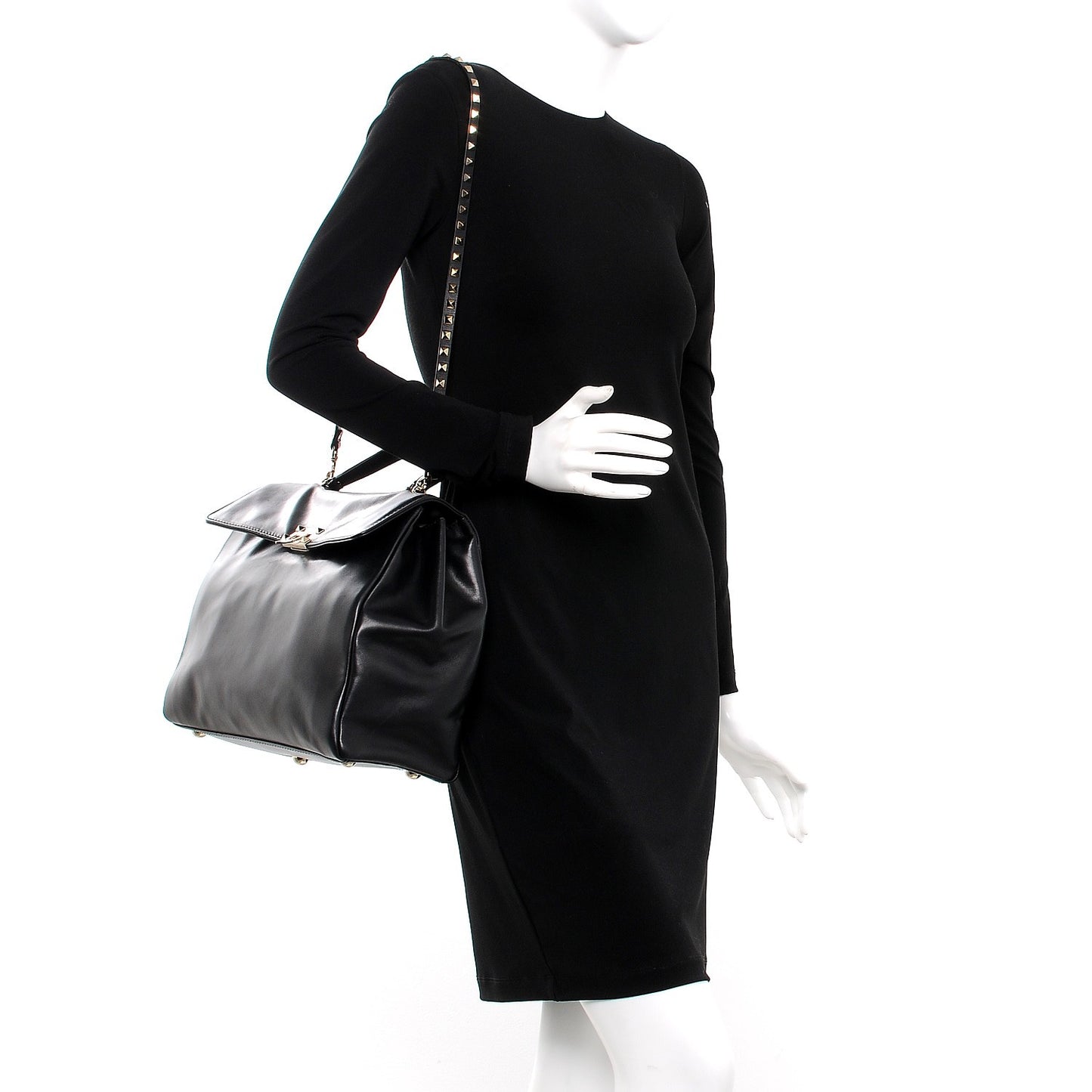 Vitello Large Rockstud Single Handle Flap Satchel Black