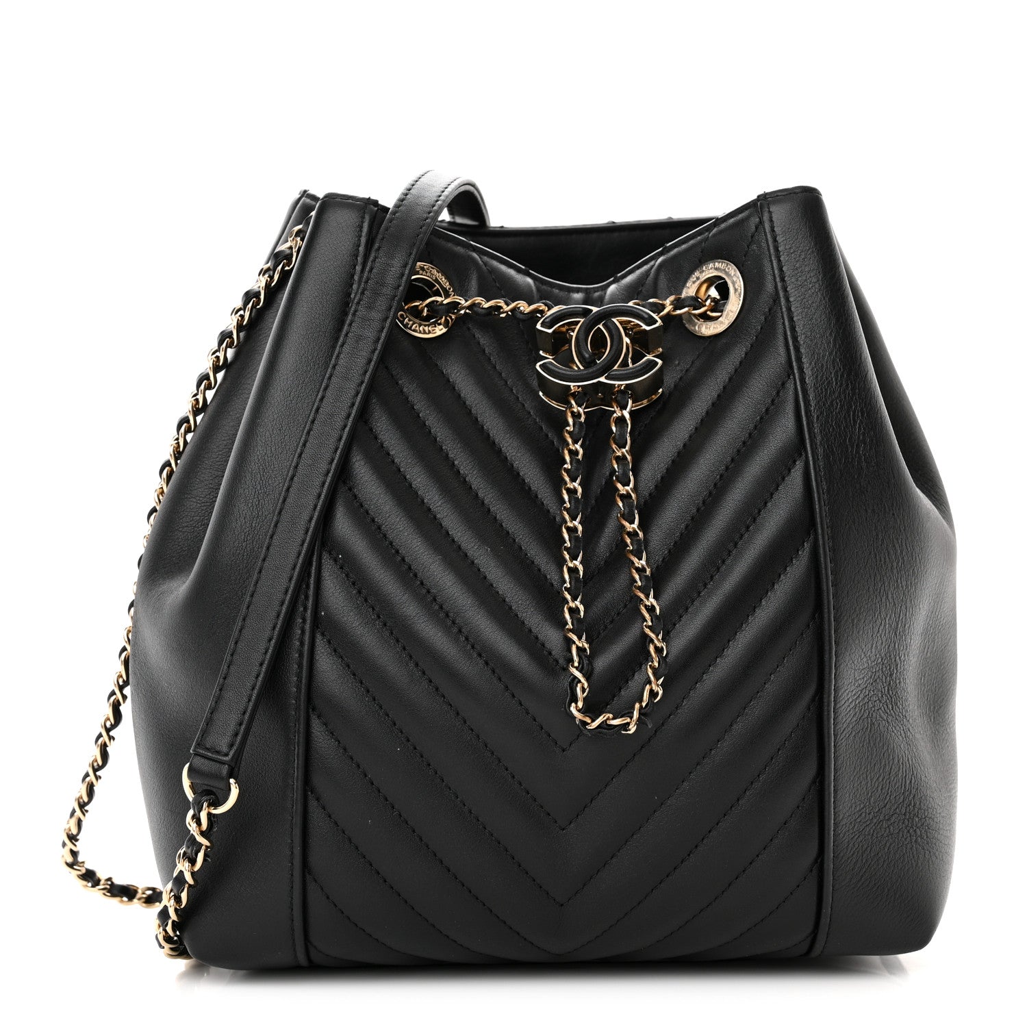 Chanel Calfskin Quilted Daily Chevron Drawstring Bag Black 1 of 15