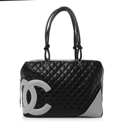 Chanel Calfskin Quilted Jumbo Cambon Bowler Black Grey 1 of 13
