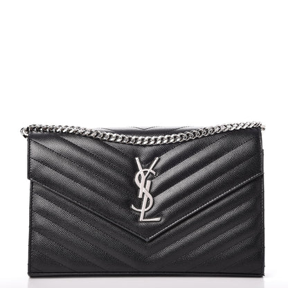 Saint Laurent Grain De Poudre Matelasse Chevron Monogram Chain Wallet Black 1 of 8