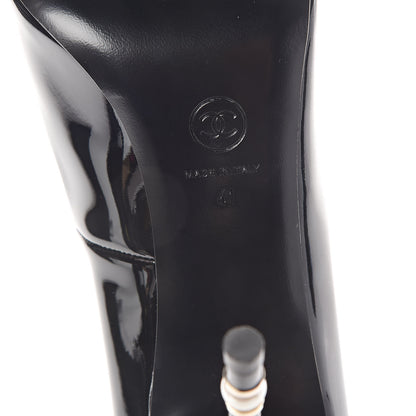 Chanel Patent Pearl Embellished Heel Peep Toe CC Pumps 41 Black 6 of 8