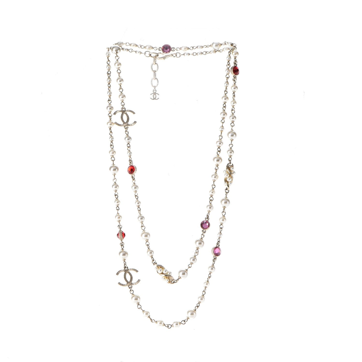 Chanel Pearl Bead CC Long Necklace Gold Red Pink 3 of 6