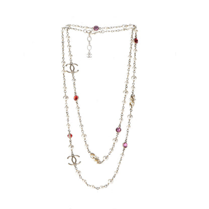 Chanel Pearl Bead CC Long Necklace Gold Red Pink 3 of 6
