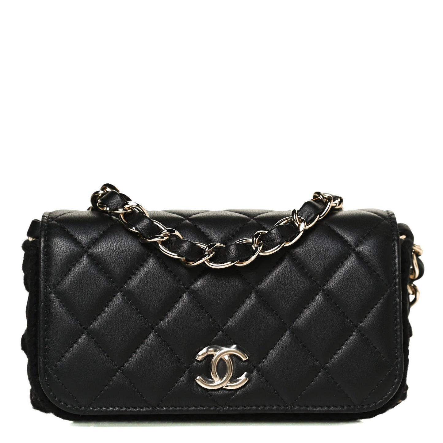 Lambskin Crochet Quilted Flap Phone Holder Black