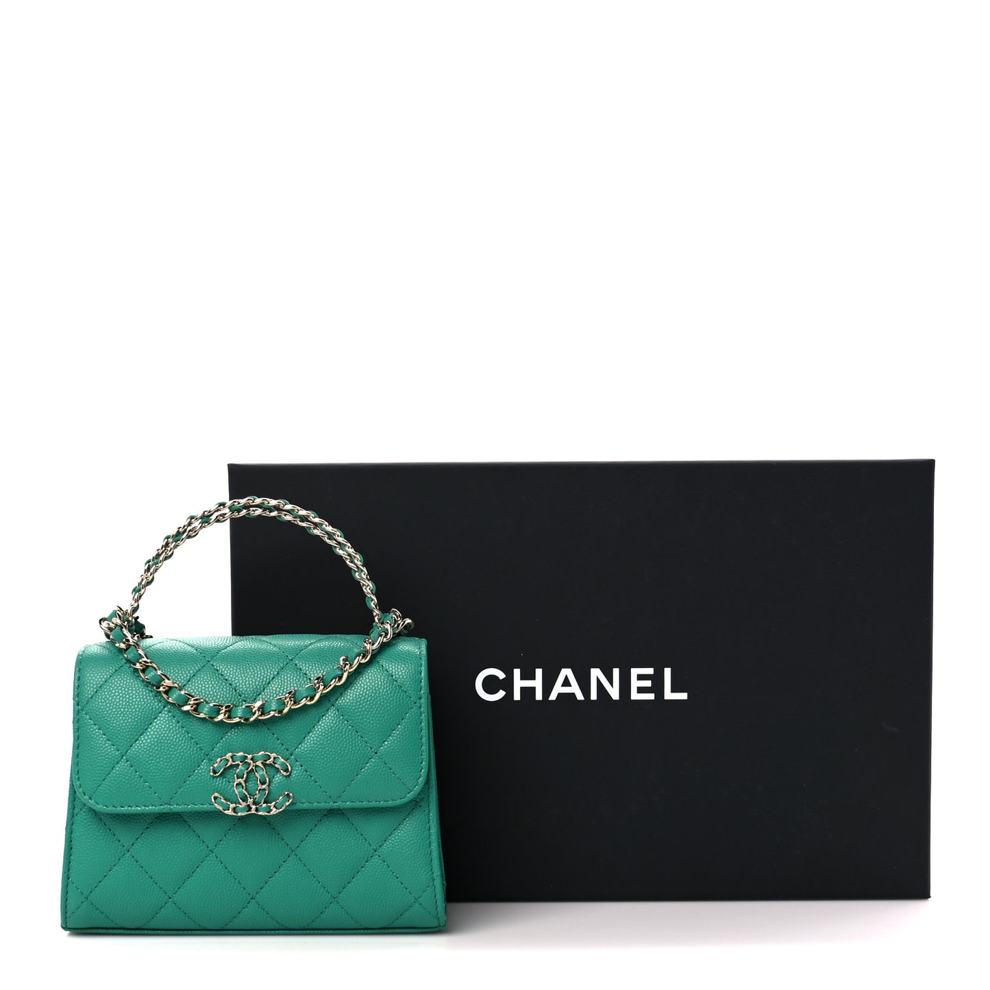 Caviar Quilted Double Chain Top Handle Flap With Chain Green