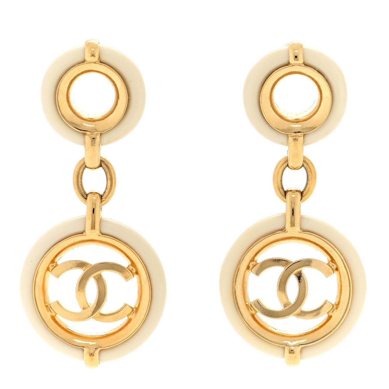 Chanel Metal Resin CC Round Drop Earrings Gold White 1 of 4