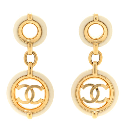 Chanel Metal Resin CC Round Drop Earrings Gold White 1 of 4