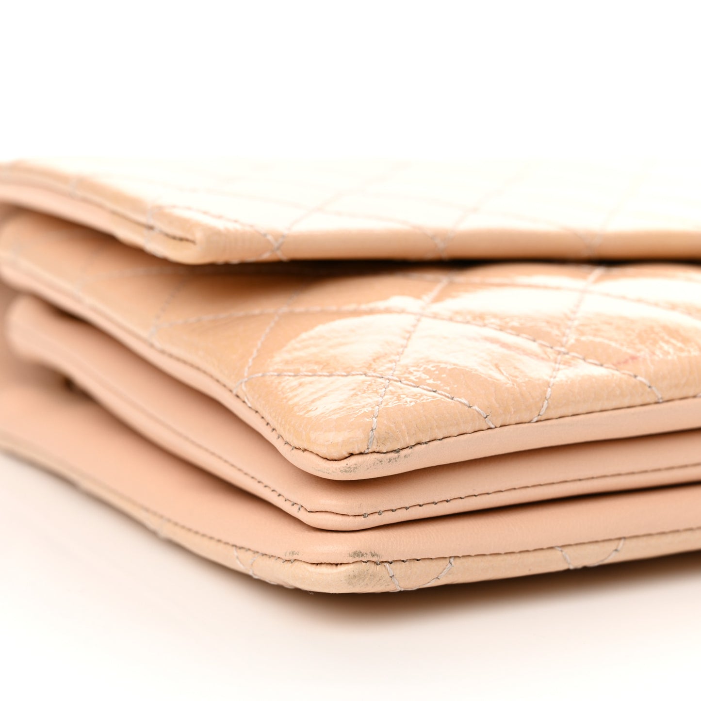 Patent Goatskin Quilted 3 Pocket Accordion Flap Light Beige