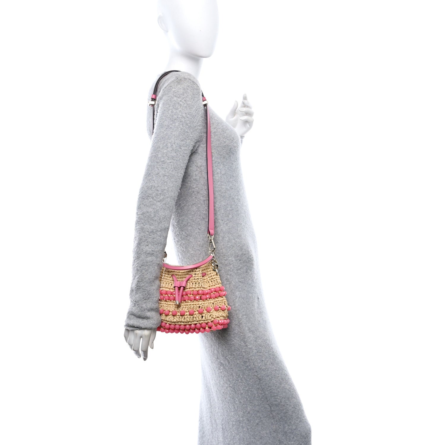 Jimmy Choo Calfskin Raffia Beaded Bon Bon Bucket Bag Beige Pink 2 of 10