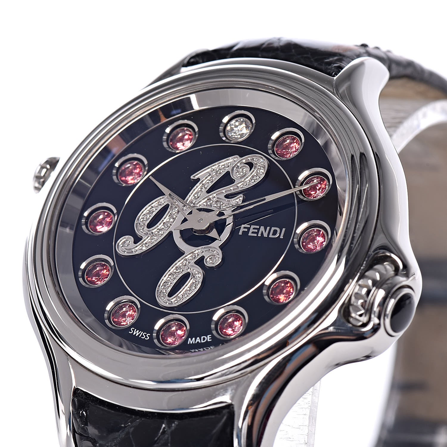 Fendi Stainless Steel Calfskin Diamond Topaz 33mm Crazy Carats Rotating Gem Quartz Watch Black 9 of 11