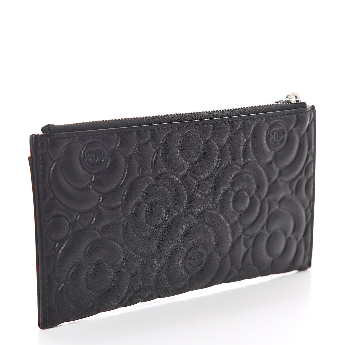 Goatskin Camellia Embossed Zip Pouch Black