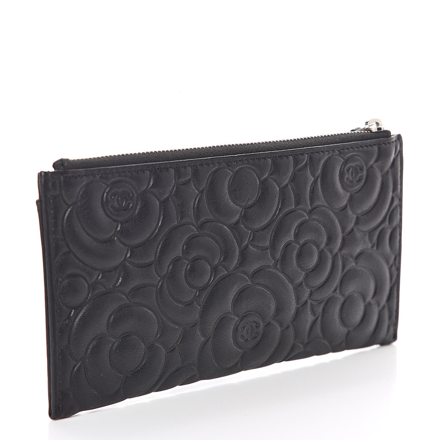 Chanel Goatskin Camellia Embossed Zip Pouch Black 3 of 7