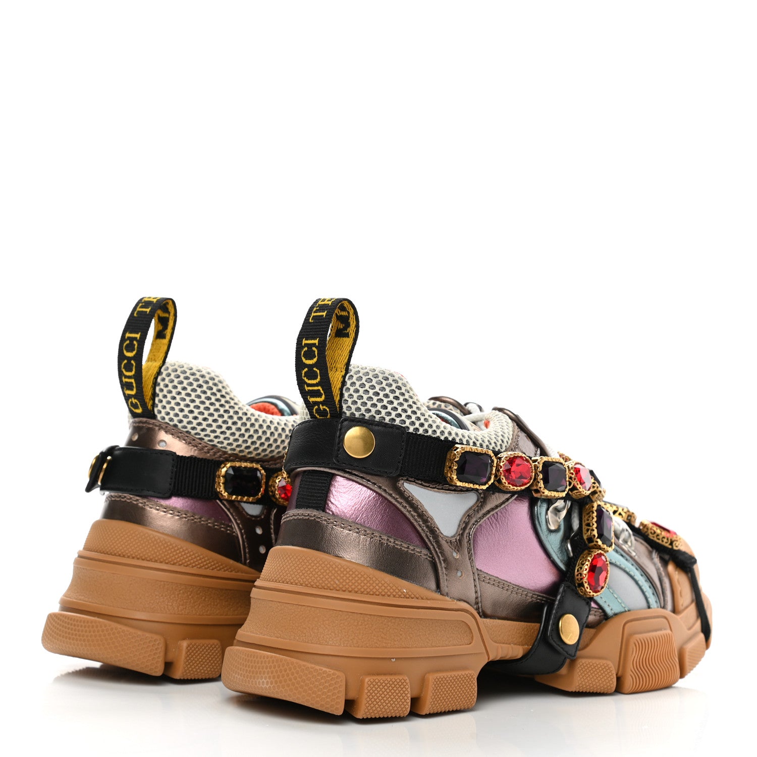Gucci X SEGA Metallic Calfskin Mesh Removable Crystals Womens Flashtrek Sneakers 36 Rame Mystic White Lago 4 of 8
