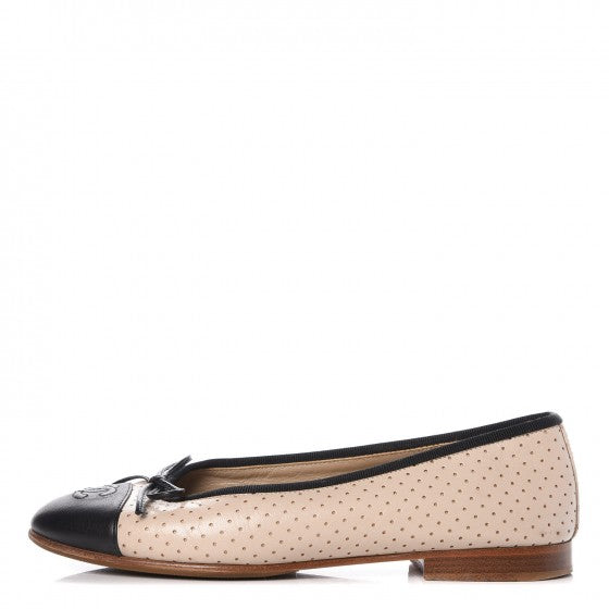 Chanel Lambskin Perforated Cap Toe Ballerina Flats 36 Beige Black 1 of 10