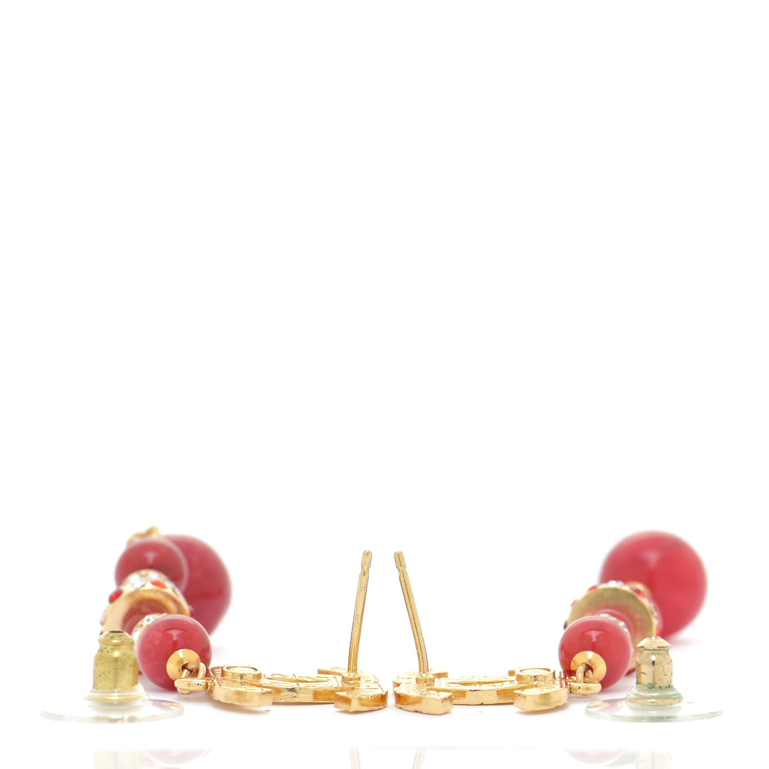 Chanel Crystal Bead Scarab CC Drop Earrings Gold Red 3 of 8