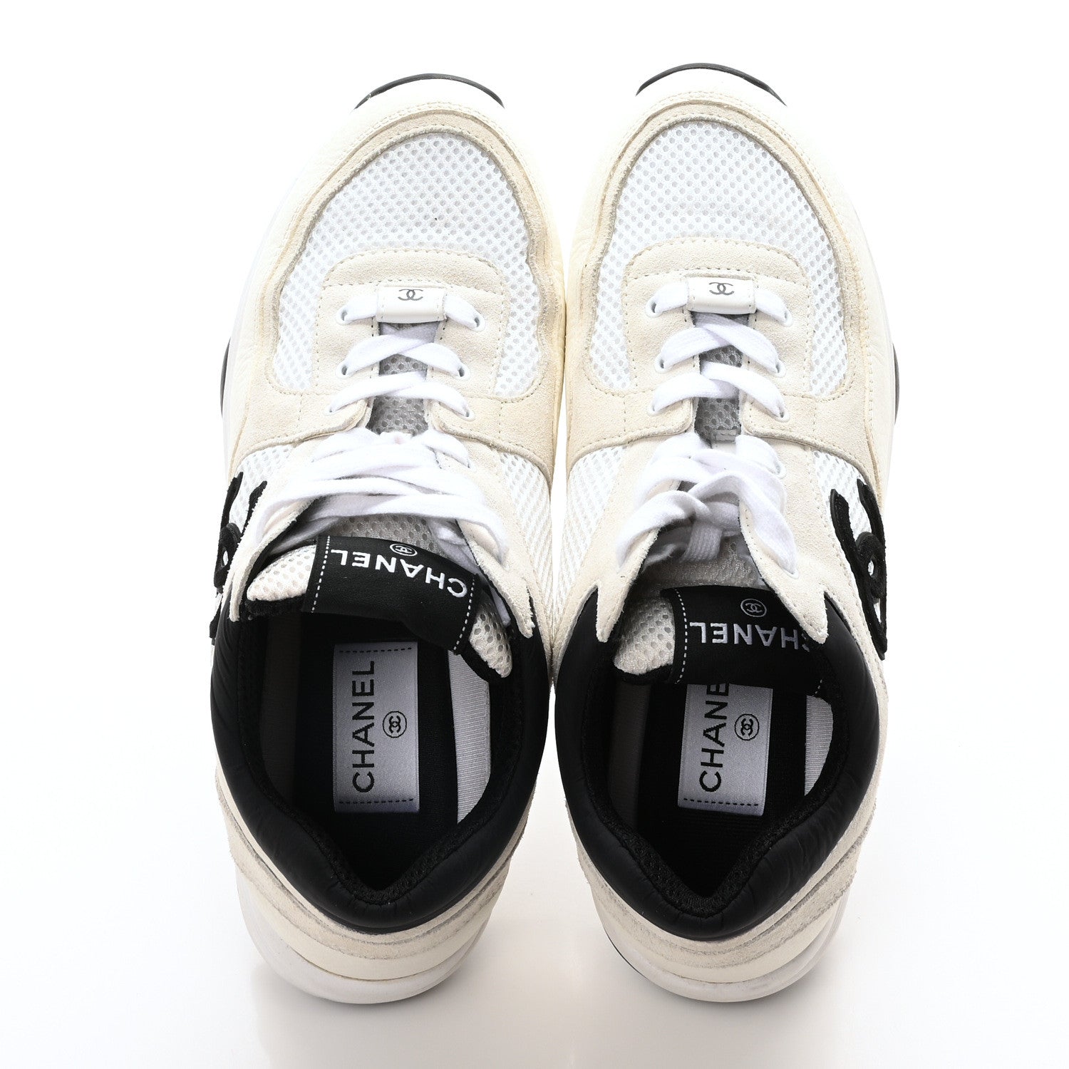 Chanel Mesh Suede Calfskin Grained Calfskin Womens CC Sneakers 39.5 White Black 2 of 8