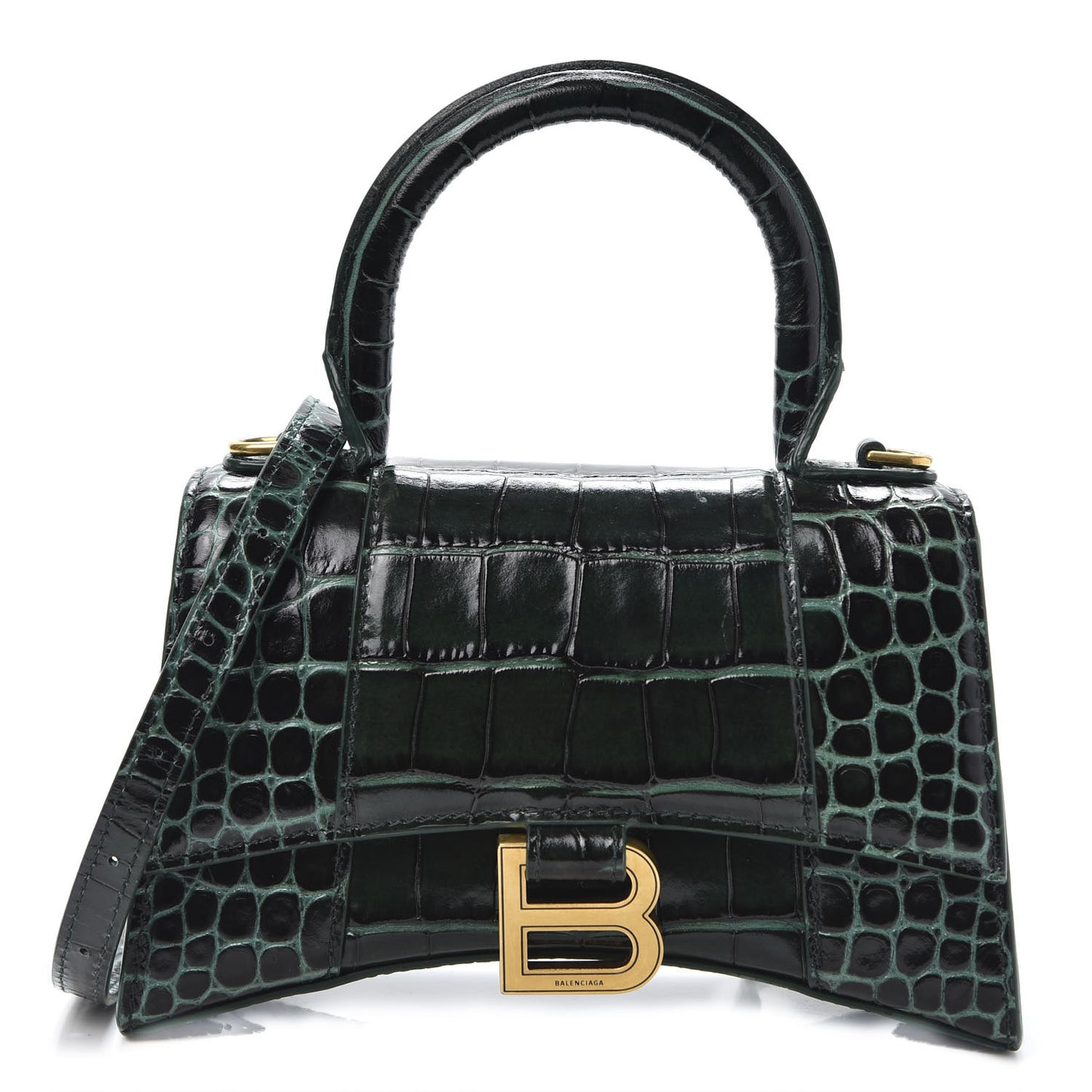 Shiny Calfskin Crocodile Embossed Hourglass Top Handle Bag XS Forest Green