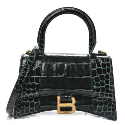 Balenciaga Shiny Calfskin Crocodile Embossed Hourglass Top Handle Bag XS Forest Green 1 of 8