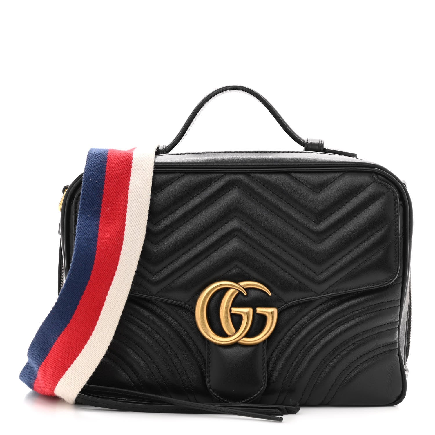 Gucci Calfskin Matelasse Sylvie Web Small GG Marmont Top Handle Shoulder Bag Black 1 of 16