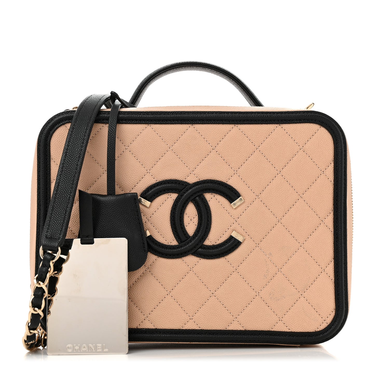 Caviar Quilted Medium CC Filigree Vanity Case Beige Black