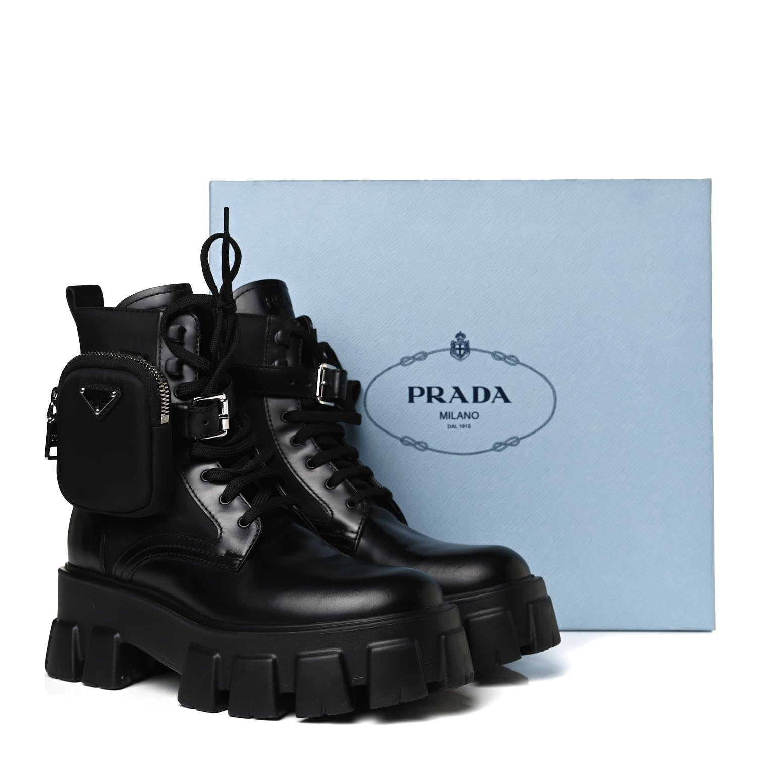 Prada Spazzolato Rois Nylon Metal Triangle Logo Monolith Pouch Pocket 55mm Boots 38 Black 14 of 14